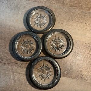 VTG Leonard Italy Silver Plated Starburst Glass Coasters Set of 4 W/Holder